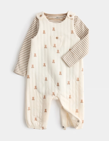 3-6 Months - 2 Piece Cotton Rich Teddy Dungaree Outfit