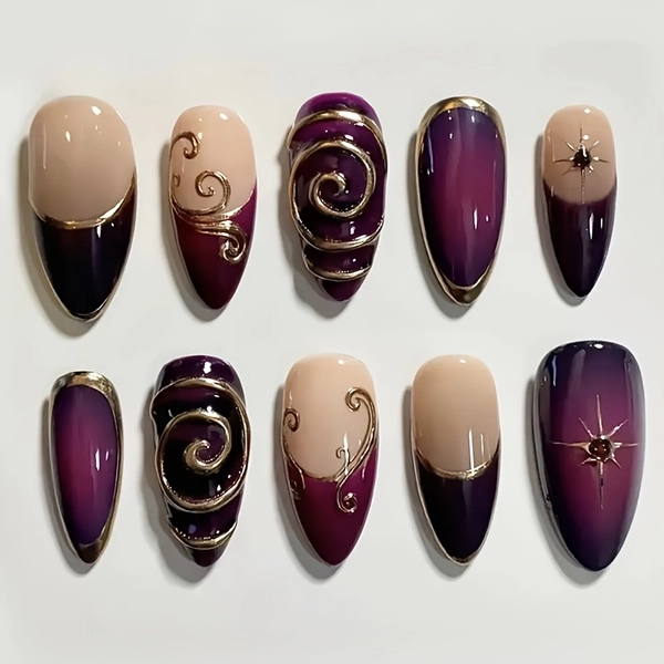 10 stuks Amandel Press-on Acryl Nagels Medium Paarse Punten Design Nagels Herbruikbaar Oppervlak Glanzend met 3D Gouden Vernikkeling Lijn Retro Noblesse Y2K Stijl voor Vrouw Dagelijks Gebruik Festival Party & Cadeaus