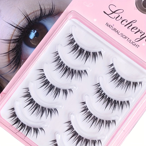 5pcs Natural Air Feeling False Eyelashes With Transparent Slender Roots, Extended Eyelash Dressing, Multi-layered 3D Effect