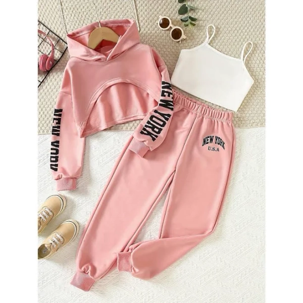 Girls' New York Print Hoodie, Tank Top & Joggers