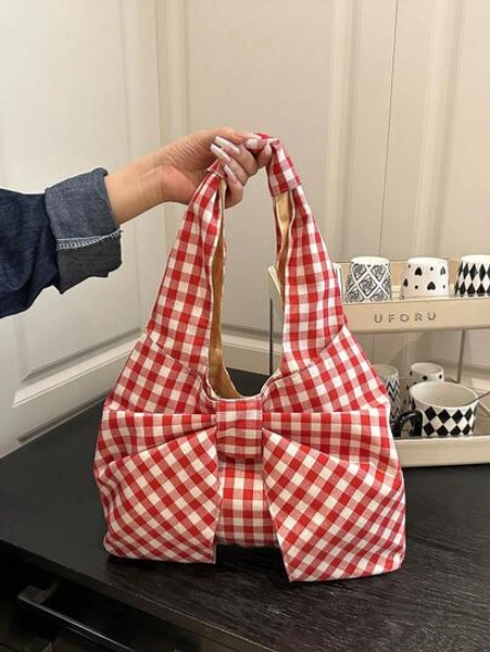Women's Checkered Bow Decoration Shoulder Underarm Bag, Sweet And Cool Outdoor Vacation Travel Bag, Multifunctional Daily Commuting Shopping Shoulder Bag, Casual Cell Phone Coin Storage Bag, Cute Bow Bag For Women , Bow , Kawaii, Holiday