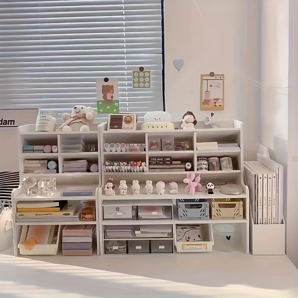 Upgraded Thick Double-Layer Desktop Bookshelf/Suitable for Dorm, Office/Small Storage Rack for Stationery And Books/PVC Material/Painted Finish