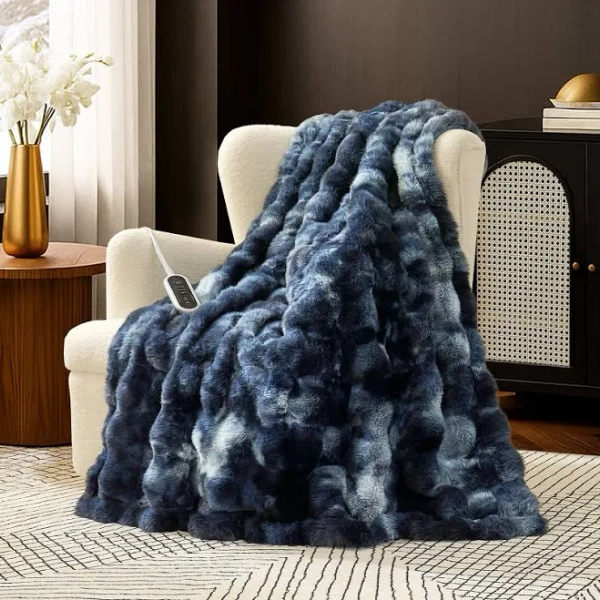 Cozy Bliss Faux Fur Electric Blanket Heated Throw for Couch Bed