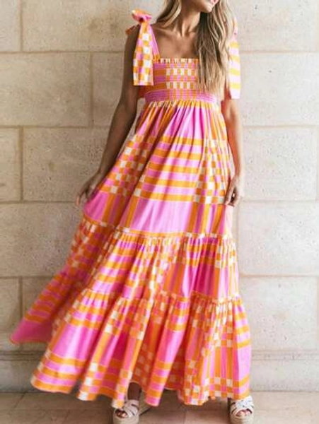 Acelitt Summer Pink Bohemian Gold Lace Smoking Long Dress