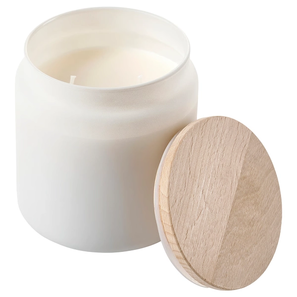 FRAMFÄRD Scented cndl in glass w lid/2 wicks - Fresh linen/white frosted glass 70 hr
