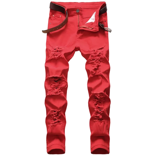2026 New Men's Casual Jeans Trendy Red Hip Hop Holes Slim Denim Pants Ripped Trousers Versatile Stretch Distressed Pants Male - AliExpress 200000343