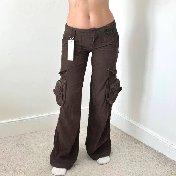 vintage brown corduroy low rise wide leg trousers.
