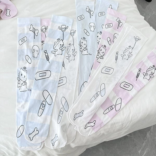 [£5.86]Blue/Pink/White Cute Kitty Angel & Pill Pattern Over Knee Stockings