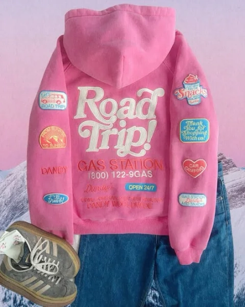 "Road Trip!" Oversized Lux Hoodie in Vintage Washed Pink - Dandy Worldwide Official Site