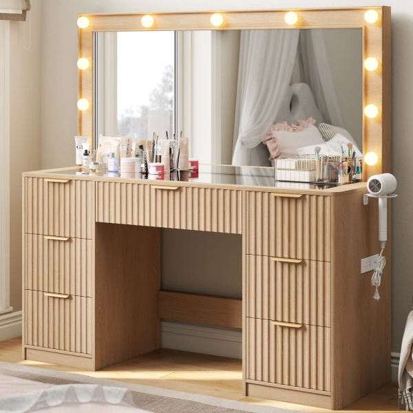 47" Large Natural Fluted Vanity Desk With Mirror & Adjustable Led Lights