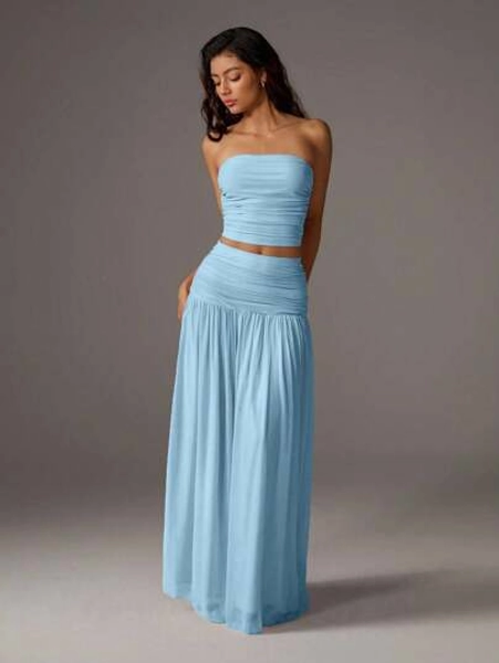 TRNVIE 2pcs/Set Women Vacation Romantic Pink Mesh Bandeau Top And High Waist Ruched Mesh Maxi Skirt, Spring/Summer