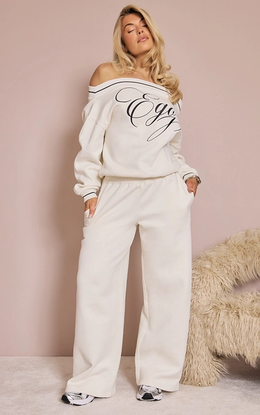 Elasticated Waistband Wide Leg Joggers In Cream