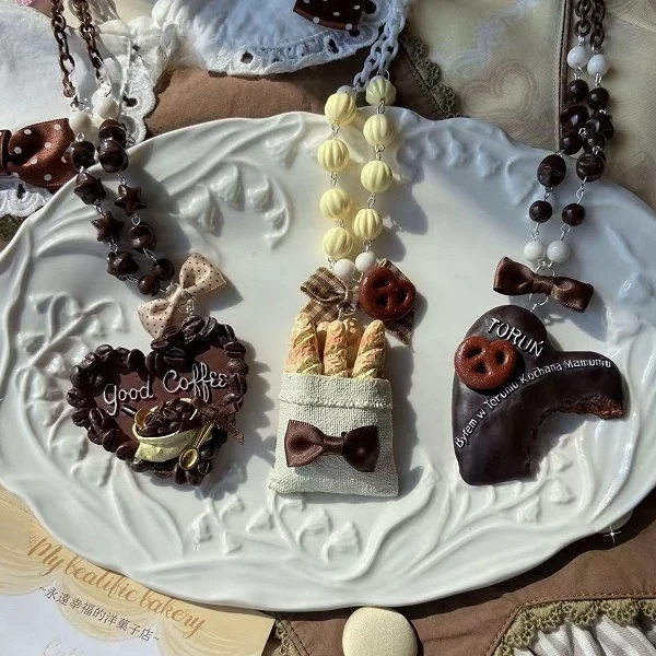 [£8.85]3 Options Coffe/Cookie/Bread Pendant Bowknot Decorated Beaded Necklace