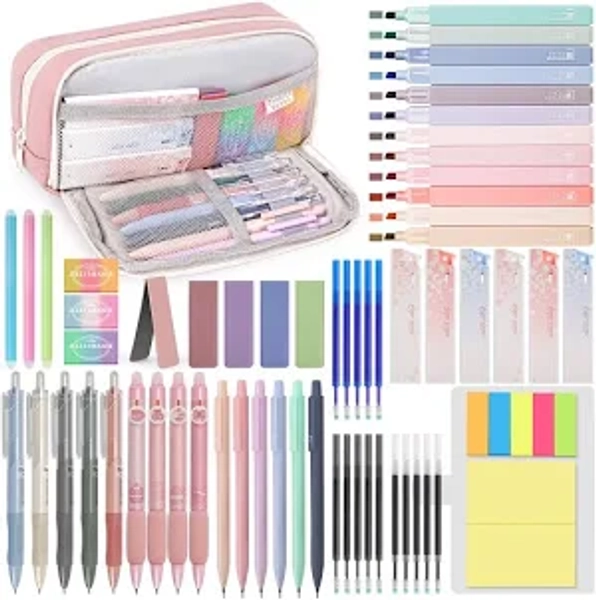 DazSpirit 61 PCS Aesthetic Stationery Supplies with Pencil Case 12 Pastel Highlighters