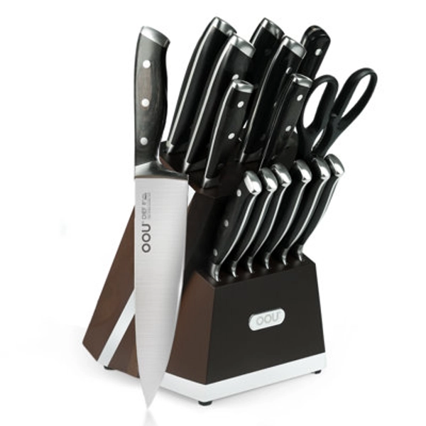 OOU Classic Edge 15-Piece Kitchen Knife Block Set, German Stainless Steel Cutlery Set with Solid Wood Storage, Dark Brown