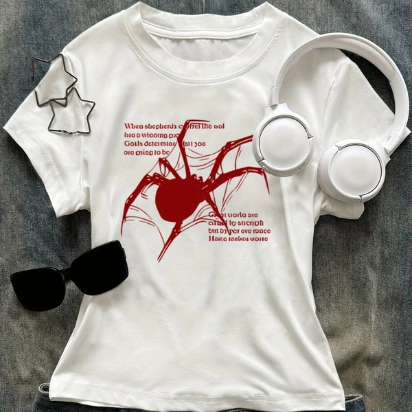 00008- Women's Casual Fitted Top, Simple Red Spider and Spiderweb Letter Graphic Print T-Shirt, Short Sleeve Crew Neck Cropped Y2K Women's Top, Suitable for Summer, Versatile Summer Short Sleeve - LJQ2954