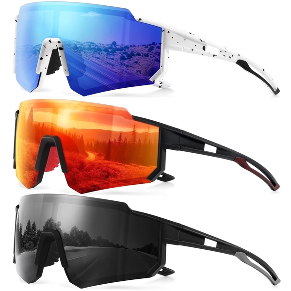 AOMASTE Polarized Sports Sunglasses for Men and Women Oversized Sun Glasses with UV Protection for Driving Cycling Running(Black/Blue/Orange-3 Pack)