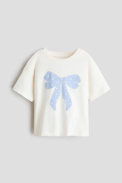 Appliquéd Cotton T-Shirt - Cream/bow