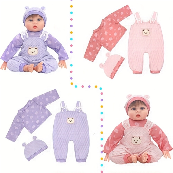 1 Set Cute Bear Pattern Doll Clothes Outfit Set with Bear Face Snap Button Jumpsuit & Matching Hat - Pink/Purple/Lavender for 22-Inch Realistic Dolls (Doll Not Included) - Lifelike Wardrobe Role Play