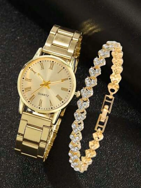 1pc Graduation Digital Small Disc Girls Steel Strap Watch And 1pc Bracelet Jewelry Set For Ladies