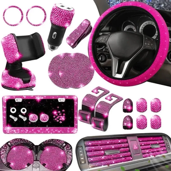 Smartsaker Saker 27-Piece Bling Car Accessories Set Pink