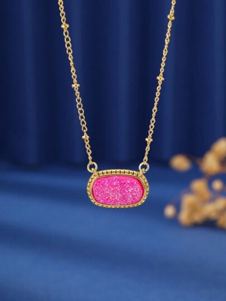 1pc Oval Design Pendant Necklace, Copper, Fashionable Everyday Wear For Women