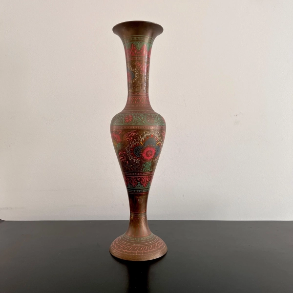 Vintage Engraved Brass Vase: Tall Indian Boho Decor