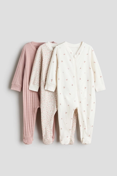 H & M - 3-Pack Cotton Pajama Jumpsuits - Dusty Pink/Floral