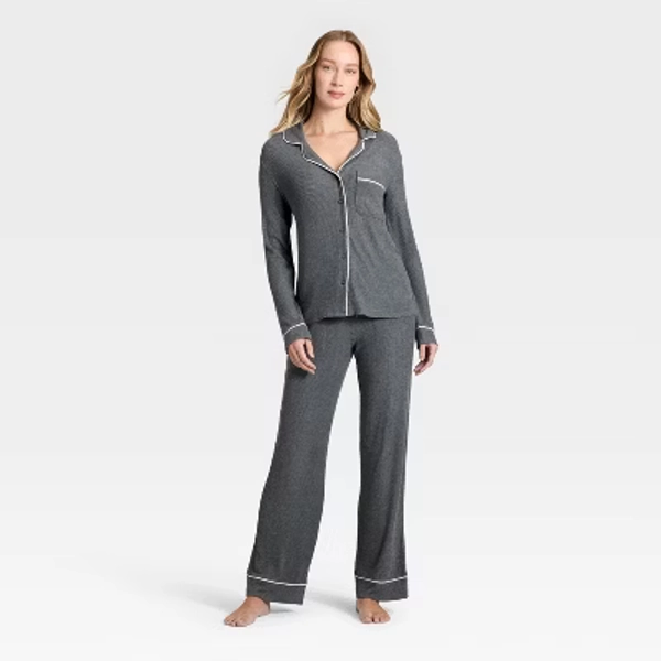 Women's Cozy Ribbed Notch Collar Long Sleeve Shirt and Pants Pajama Set - Auden™ Dark Gray S