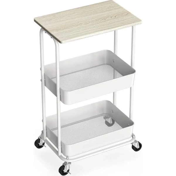 2-Tier Rolling Utility Cart with Lockable Wheels and Wood Top, Metal Storage Organizer Trolley for Kitchen, Bathroom, Office, Craft Room, Rustic Brown