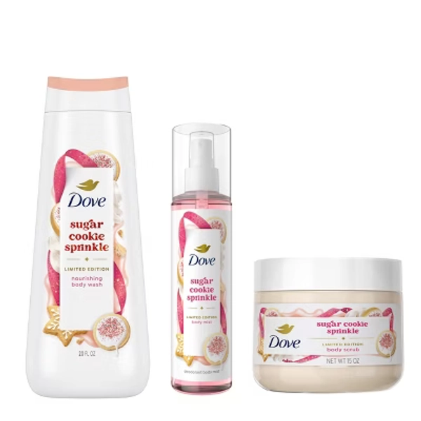Dove Beauty Limited Edition Holiday Treat Sugar Cookie Sprinkle 20 fl oz Body Wash + 15oz Body Scrub + 8oz Body Mist