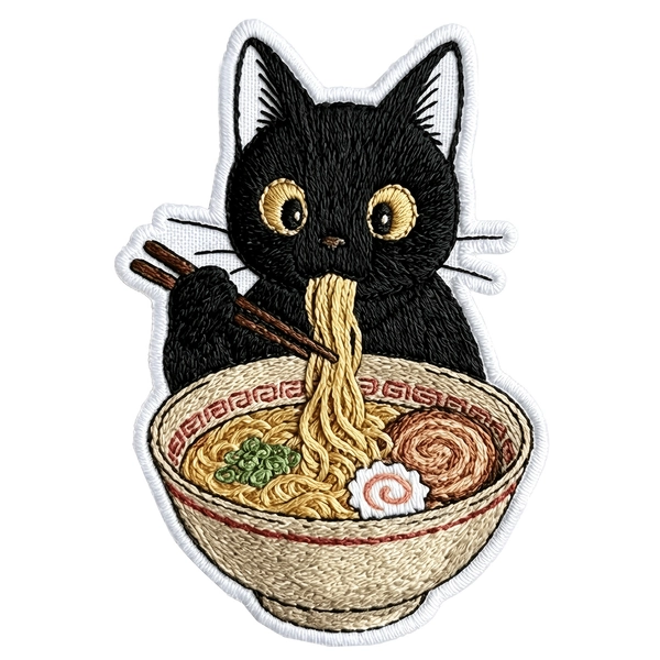 Cute Black Cat Ramen Embroidered Patch, Iron On, Sew On, Versatile for Repairs, Decoration, DIY Creation, Perfect for Clothes, Jackets, Dresses, Hats, Jeans, Backpacks