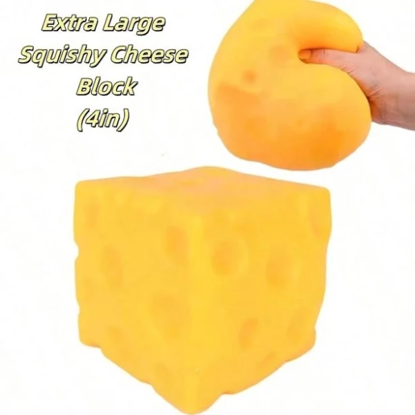1pc 4.25" Giant Squeeze Cheese - Soft Squishable Cheese Block | Gurgle Gift, Adult Fun Cheese | Sensory Stress Relief Cheese Ball - Sunshine