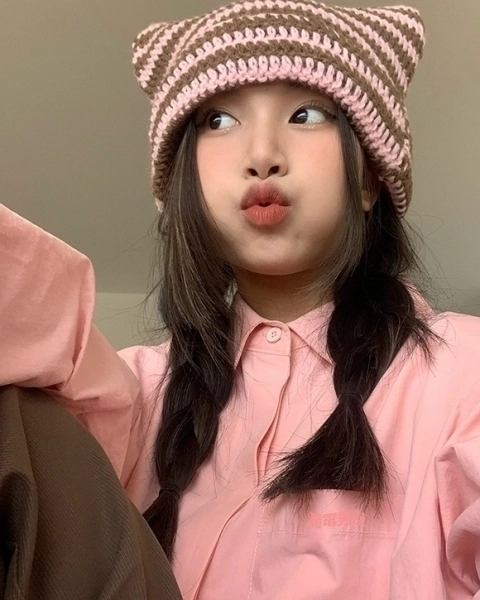 Pink And Brown Stripes Crochet Cat Ears Hat | Taehyung - BTS - Fashion Chingu