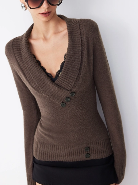 Knit Shawl V-neck Collar Button Detail Sweater