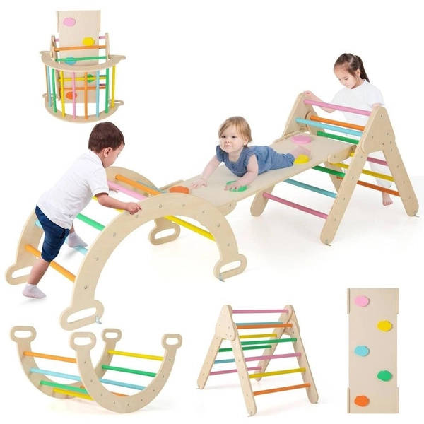 Costway Climb Playset Wood Climbing Frame Triangle Rocking Arch Slide Set w/Climb Board Home Daycare Gifts Multi-color