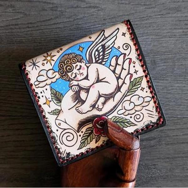 Vintage Style American Traditional Tattoo Style Sleeping Cherub leather bifold wallet