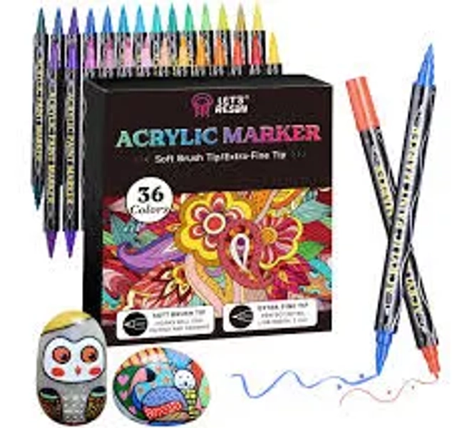 LET'S RESIN 36 Acrylic Paint Pens Markers, Dual Tip Fine&Brush Paint Markers, Strong Coverage Bright Colors Paint Pens for Rocks, Canvas, Wood, Glass,