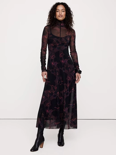 Mesh Long-Sleeve Maxi Dress