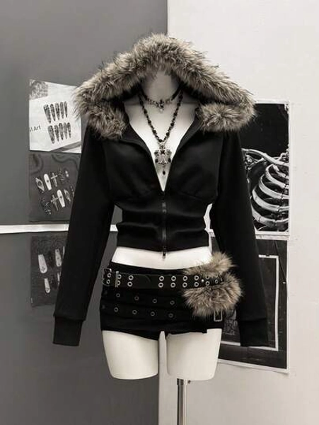 StreetHx Women Streetwear Hooded Fur Collar Fitted Long Sleeve Jacket, Autumn - Size S