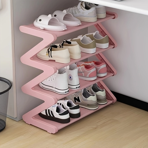 4-Tier Free Standing Shoe Rack - Z-Shaped Stackable Shoe Organizer with Metal Frame & Plastic Shelves, No-Tool Assembly, 4kg Capacity, Space-Saving Floor Mount Storage for Entryway, Living Room, Dorm - Durable Home & Dorm Room Essential, Shoe Storage Organizer, Entryway Organizer, Modern Aesthetic, Sturdy Construction, Minimalist Design, Easy Assembly, Apartment Dwellers