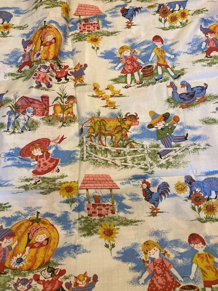 VTG 60s/70s FARM ANIMALS KIDS Fabric Children Chores Cow Rooster Duck 44" X 76"