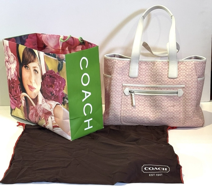 Coach Pink And White Diaper Bag Or Large Tote With Cover And Shopping Bag