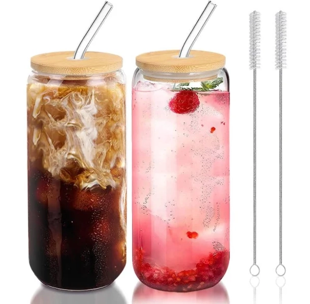 Corrigan Studio 20 oz Glass Cups with Bamboo Lids and Glass Straw
