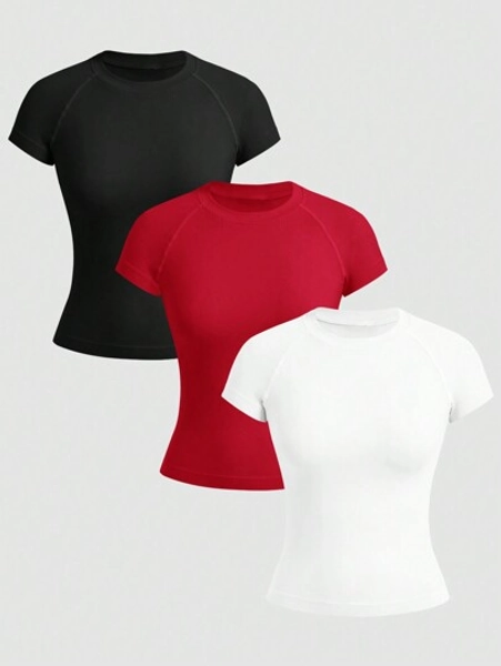 Easithlete Ribbed Knit Sports Crop Top Gym Top Fitted Shirt Workout Tank Top Three Pair
