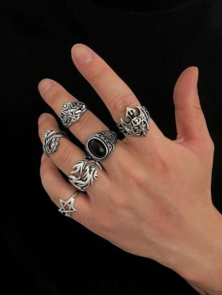 6pcs Punk Style Skull & Star Design Rings Set, Casual Everyday Wear For Men