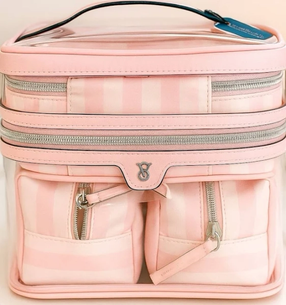 Victoria’s Secret 4-Piece Train Case Makeup Bag Set Heritage Pink Stripe NWT