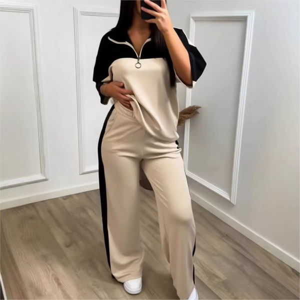 Fashion Color-blocked Short Sleeved Sweatshirt T Shirt Women's Suit Summer Casual Loose Elastic Waist Sports Trousers 2piece Set - AliExpress 200000345