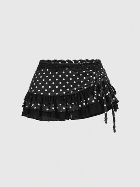 ROMWE Grunge Punk Vintage Layered Lace Trim Leopard Print Low Waist Sexy Ruffled Tie Bow Mini Skirt, Women Spring Break Concert Rave Festival Valentine Outfit