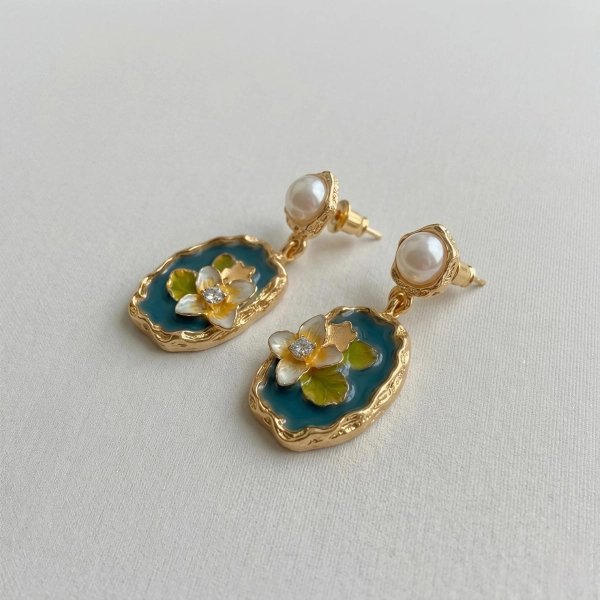 Monet Lotus Earrings – Enamel Floral Art Jewelry with Freshwater Pearl